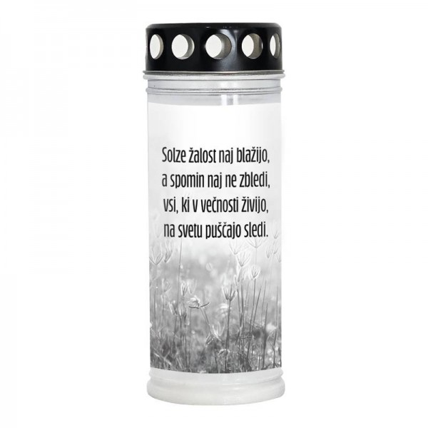 Nagrobna sveča Premium z rožnim motivom in verzom Solze žalost naj blažijo